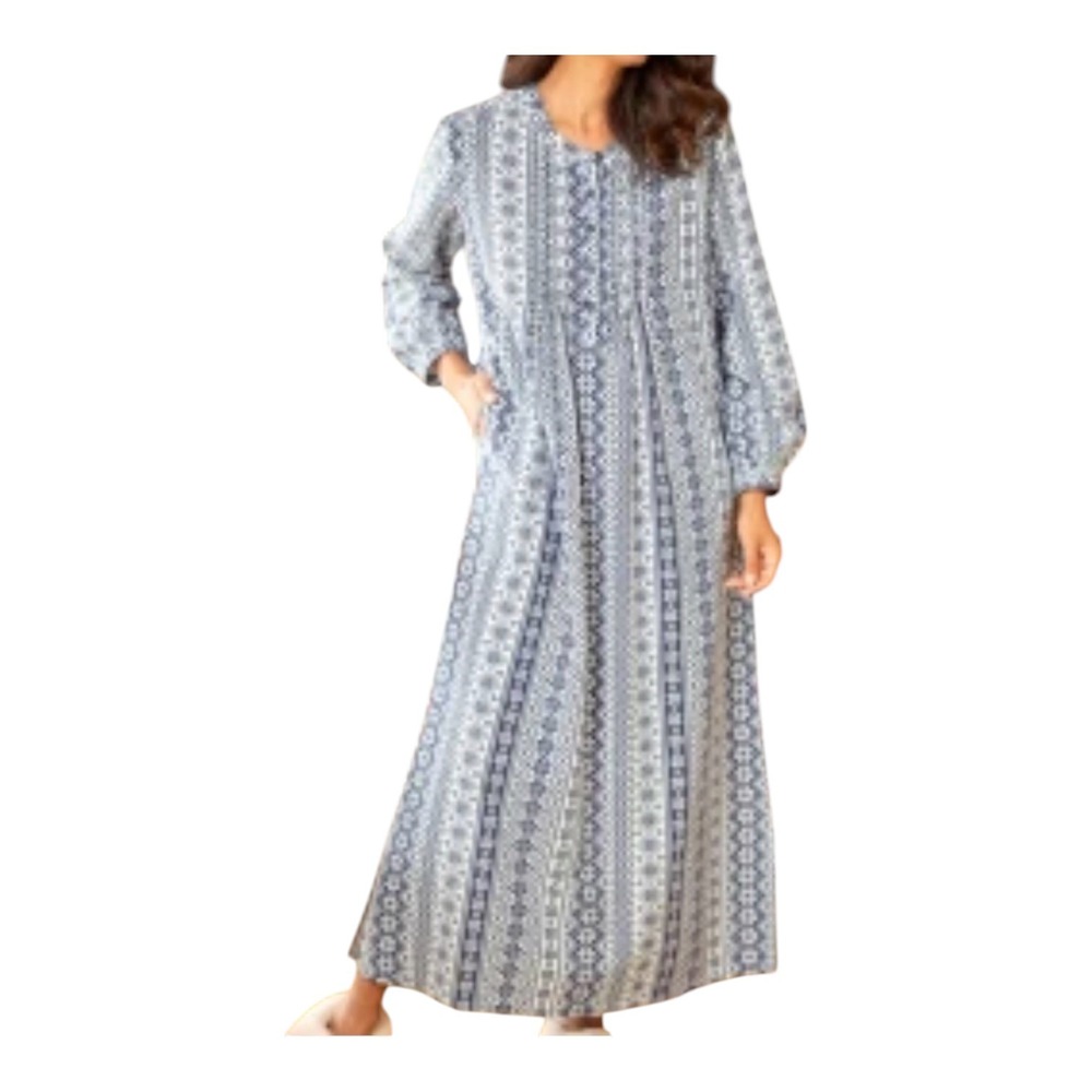 The Vermont Country Store Nightgown Womens L Blue Excellent Fair Isle Cotton